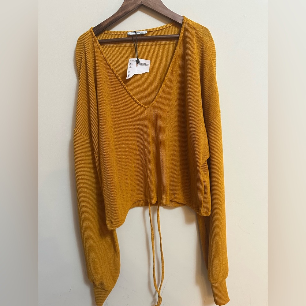 NWT ZARA Trafaluc Mustard Yellow Ribbed Drawstring Sweater Women’s M